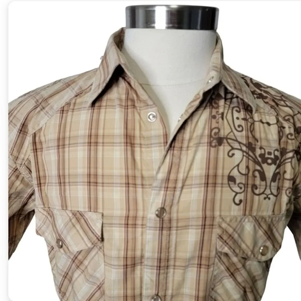 Demand Western brown plaid short sleeves shirt Size M button up casual * - Picture 2 of 8